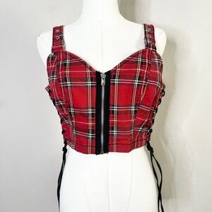 Tripp NYC Red Plaid Corset Crop Top Zipper Lace Up‎ Grommet Straps Size Medium